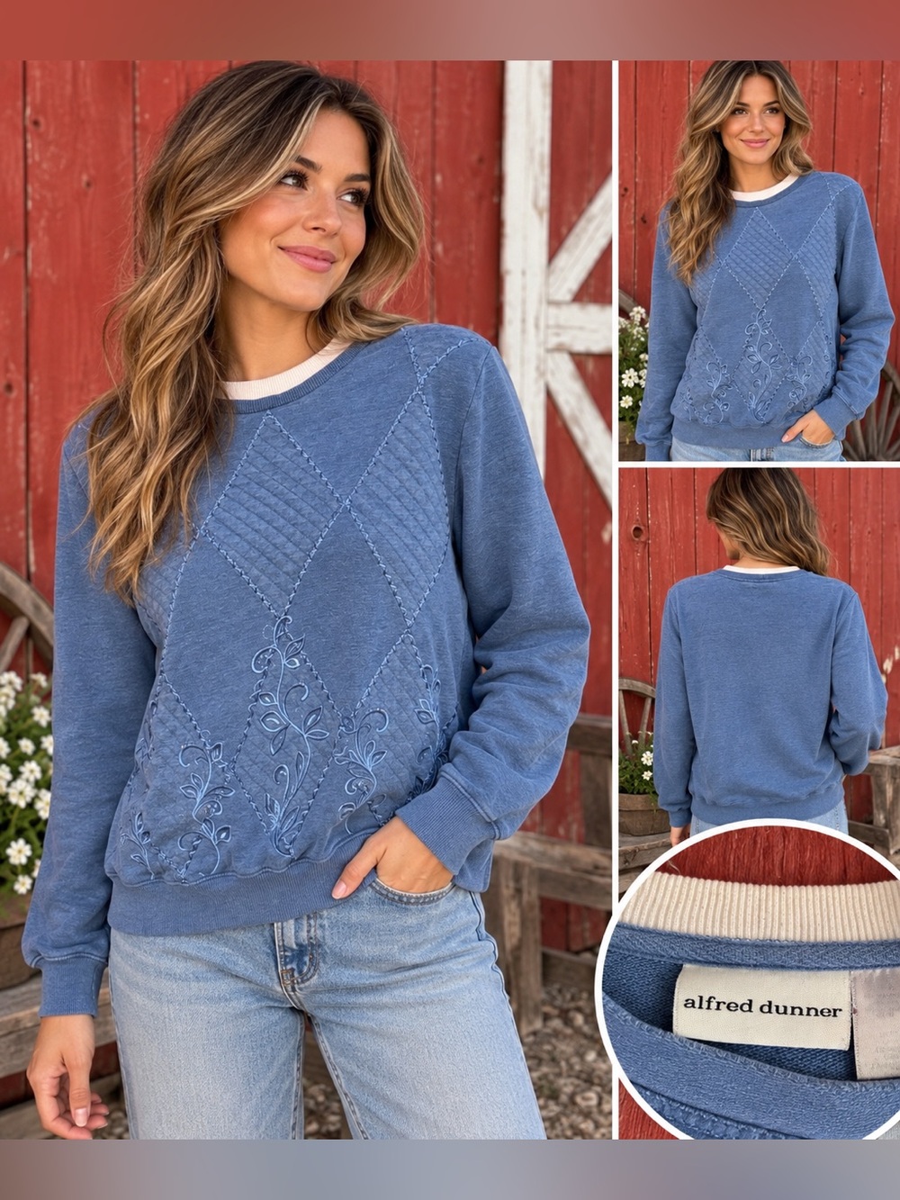 Vintage 90s Alfred Dunner Blue Embroidered Quilted Argyle Sweatshirt